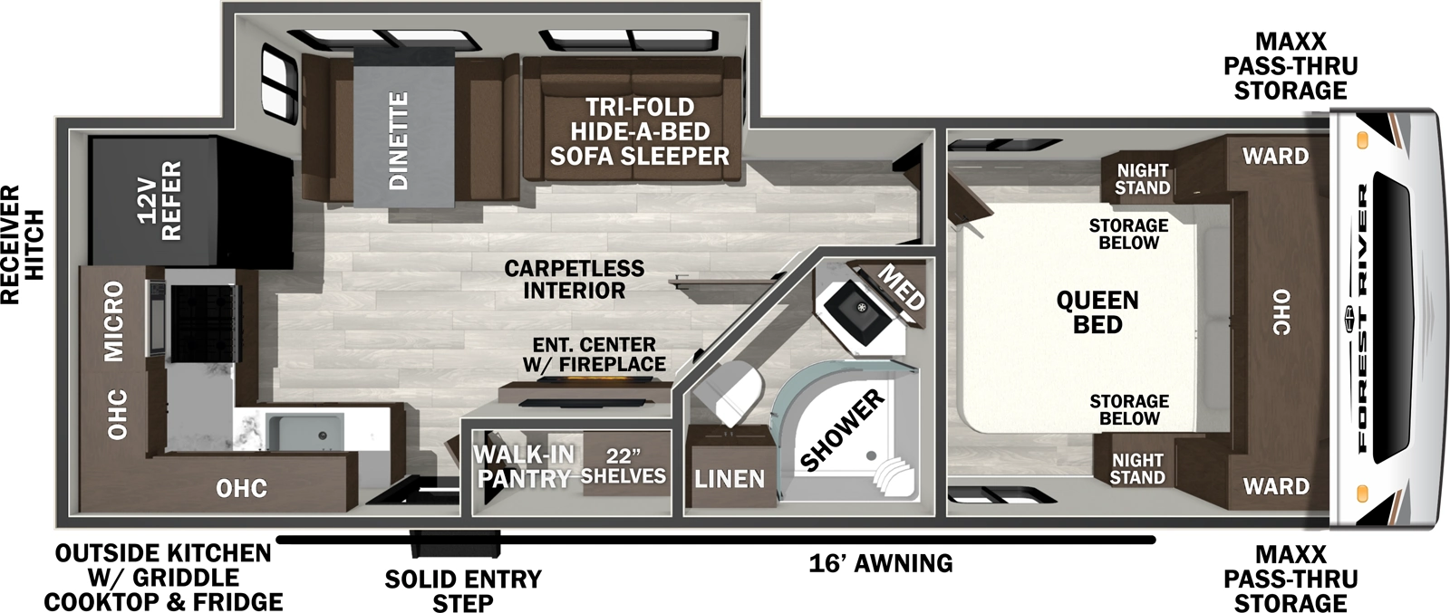 The Wildcat Travel Trailers 251CHEF floorplan has one entry and one slide out. Exterior features include: fiberglass exterior, 16' awning and outside kitchen. Interiors features include: rear kitchen and front bedroom.